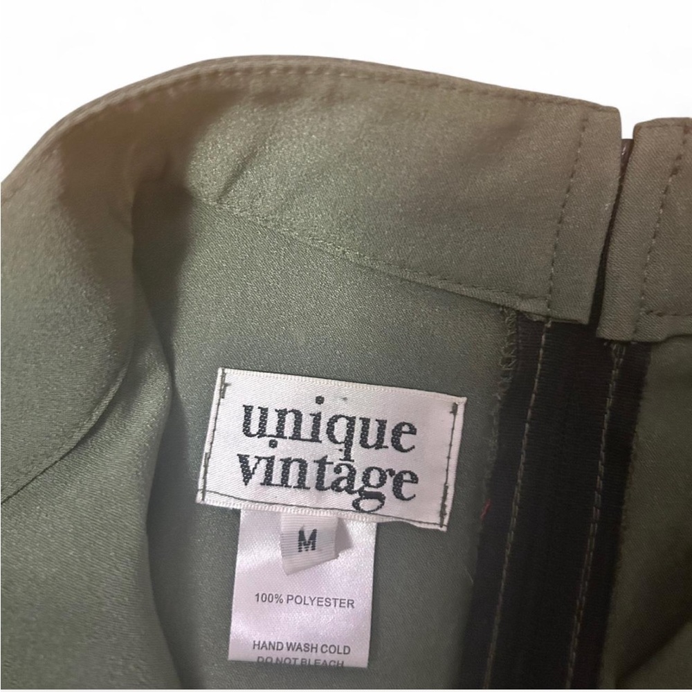 Unique Vintage Olive Green Dress with Embroidered Red Rose Applique - Picture 8 of 8